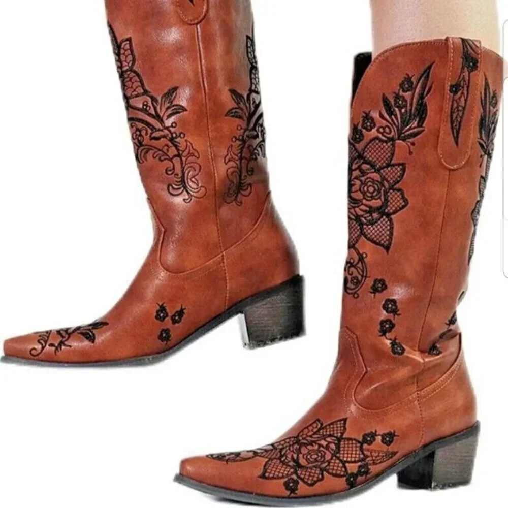 Womens CowgirlBrown Block Heels Western Embroidery Floral Knee High  Boots Size